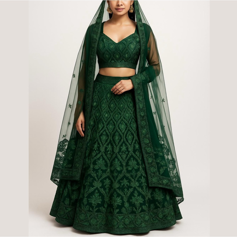Emerald Green Lehenga Set With Matching Blouse And Dupatta